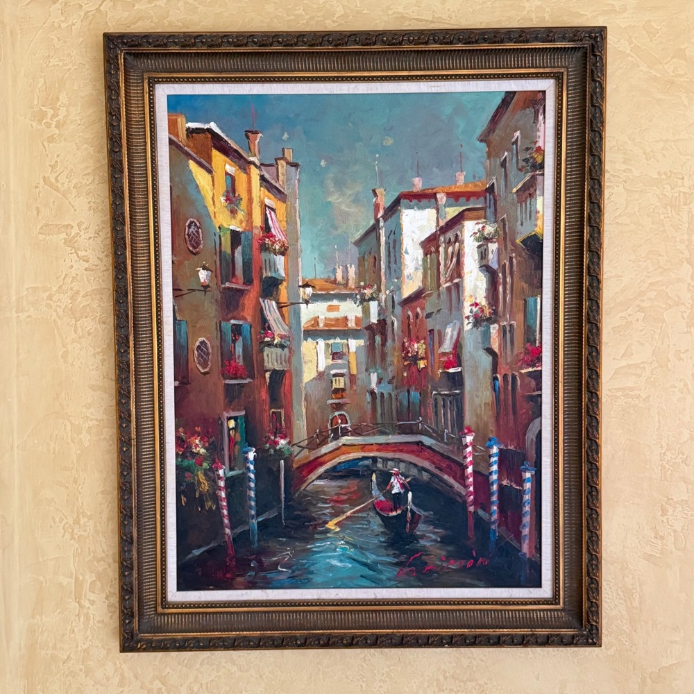 Venice Canal Oil Painting Ornate Gold Frame Impressionist Italian Scene